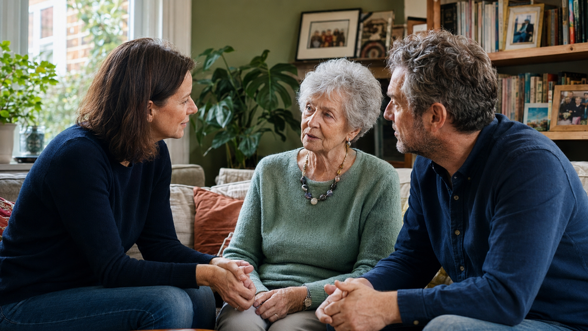 Older mother discusses support with her adult daughter and son in her living room.