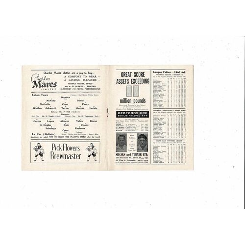 Luton Town v La Paz (Bolivia) Friendly Football Programme 1961/62