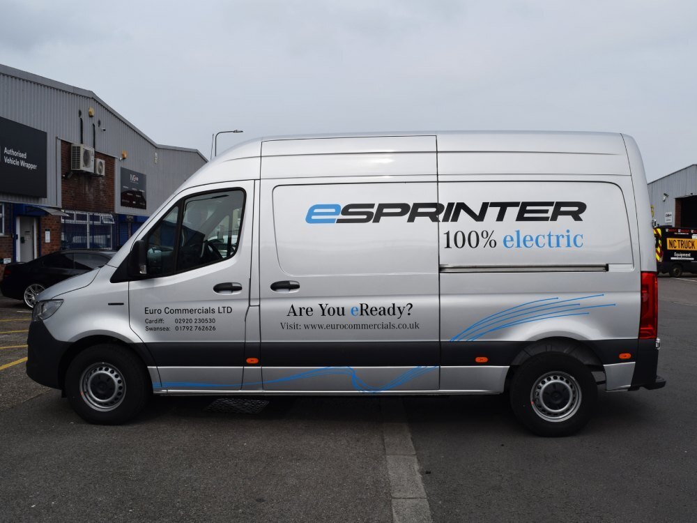 Mercedes-Benz eSprinter with company branded vinyl graphics.