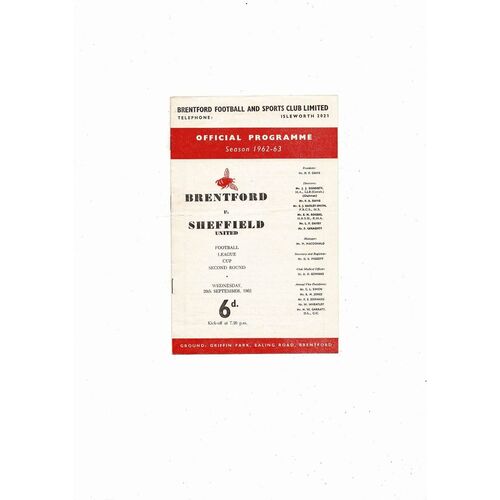 1962/63 Brentford v Sheffield United League Cup Football Programme