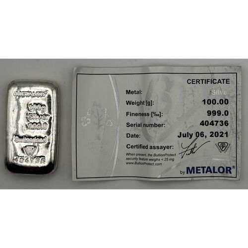 Metalor 100g pure silver bar
