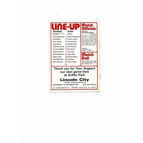 1974/75 Brentford v Crewe Alexandra Football Programme