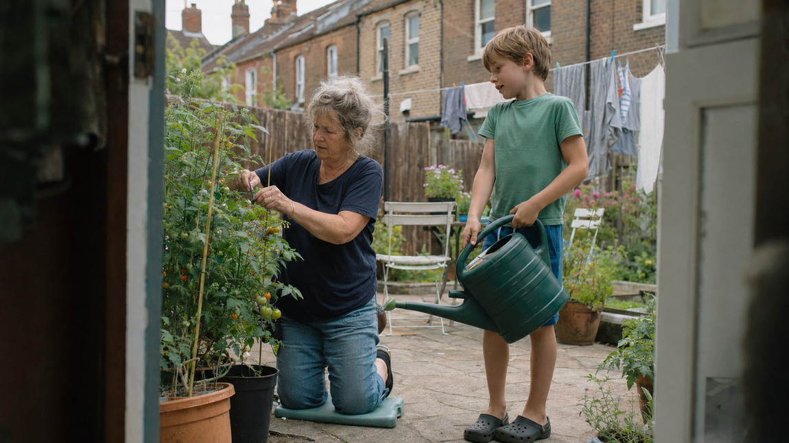 Older woman tending tomato plants in her back garden while her young grandson waits with a watering can.