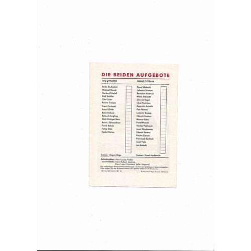 Dynamo Berlin v Banik Ostrava European Cup Football Programme 1980/81