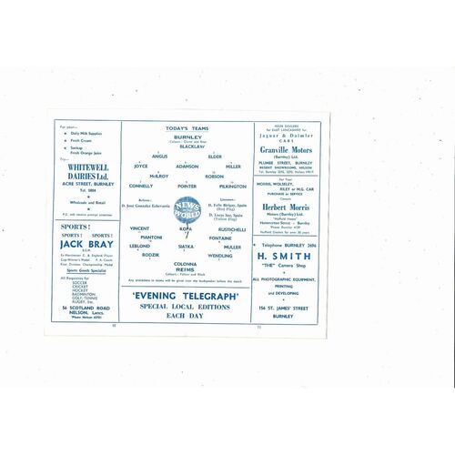 Burnley v Reims European Cup Football Programme 1960/61
