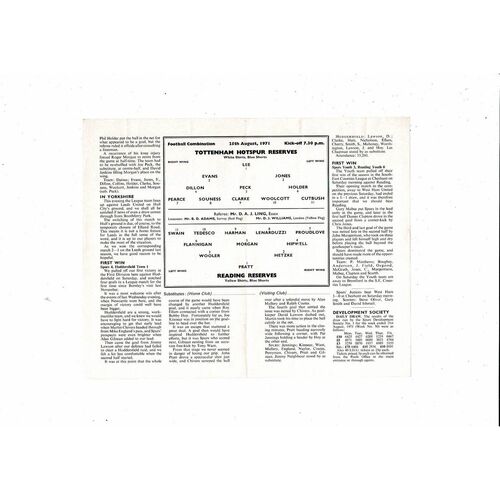 Tottenham Hotspur v Reading Football Combination Programme 1971/72