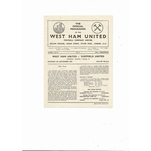 1957/58 West Ham United v Sheffield United Football Programme