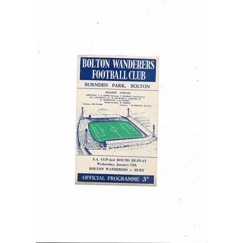 1959/60 Bolton Wanderers v Bury FA Cup Replay Football Programme