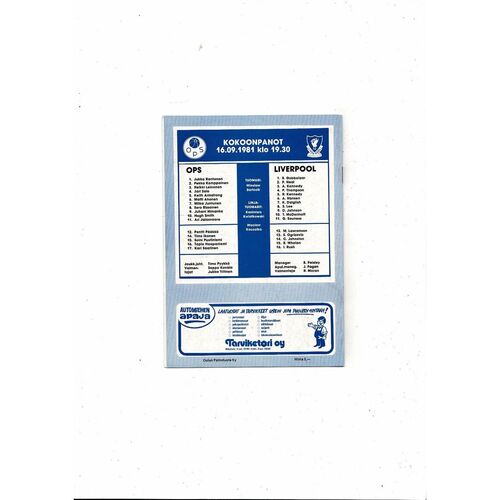 Oulun Palloseura v Liverpool European Cup Football Programme 1981/82