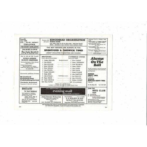 1970/71 Brentford v Cambridge United Football Programme - 1st Season Cambridge