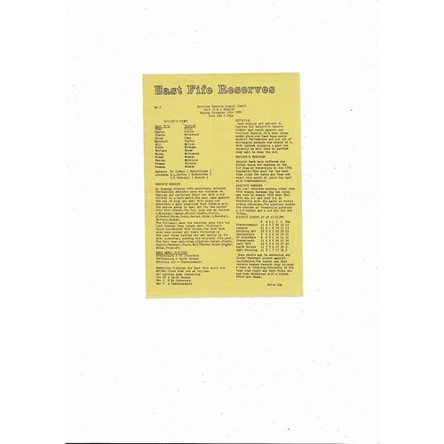 East Fife Reserves v Falkirk Reserves Football Programme 1985/86