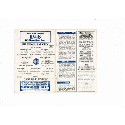 1965/66 Birmingham City v Carlisle United Football Programme