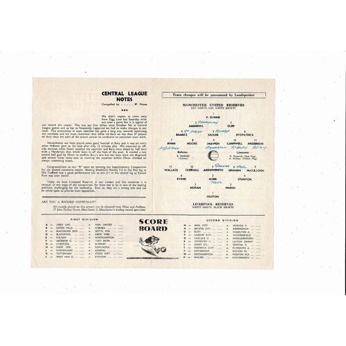 Manchester United v Liverpool Central League Football Programme 1965/66