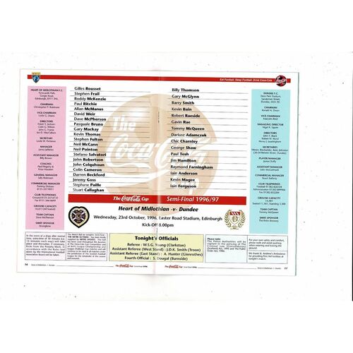 1996/97 Hearts v Dundee Scottish League Cup Semi Final Football Programme