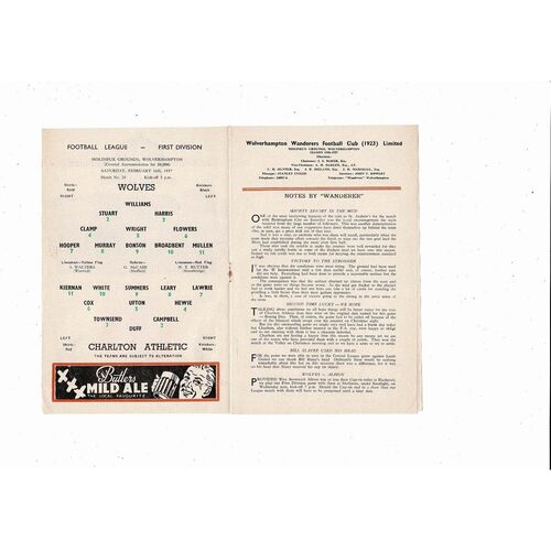 1956/57 Wolverhampton Wanderers v Charlton Athletic Football Programme