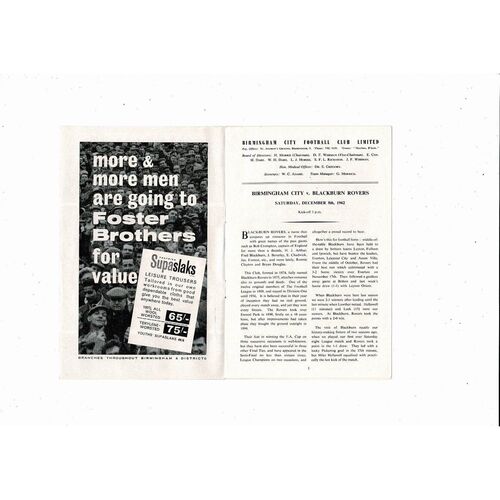 1962/63 Birmingham City v Blackburn Rovers Football Programme