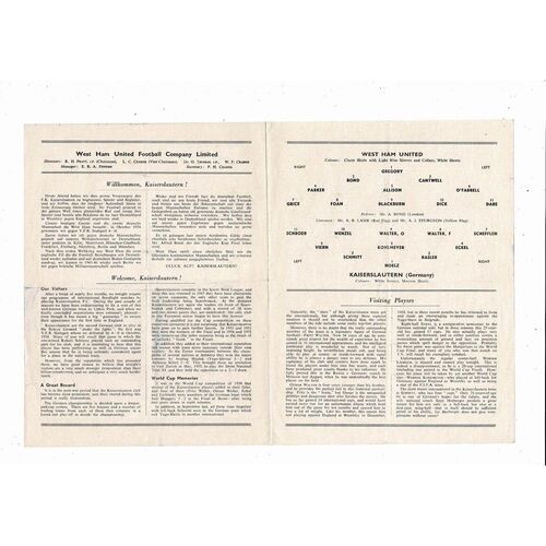 West Ham United v Kaiserslautern Friendly Football Programme 1955/56