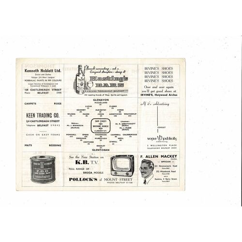 1959/60 Glentoran v Glenavon Football Programme