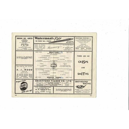 1955/56 Brentford v Ipswich Town Football Programme