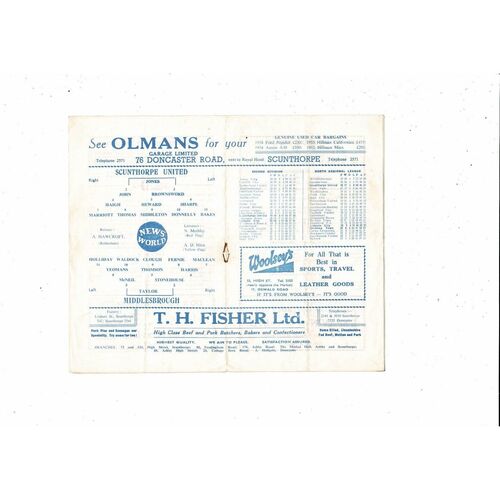 1959/60 Scunthorpe United v Middlesbrough Football Programme