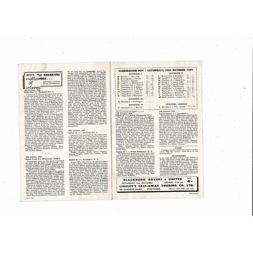 1959/60 Manchester United v Sheffield Wednesday Football Programme