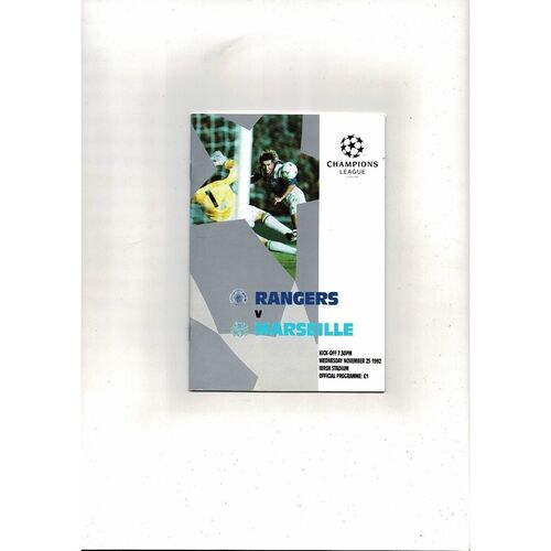 Rangers v Marseille Champion League Football Programme 1992/93