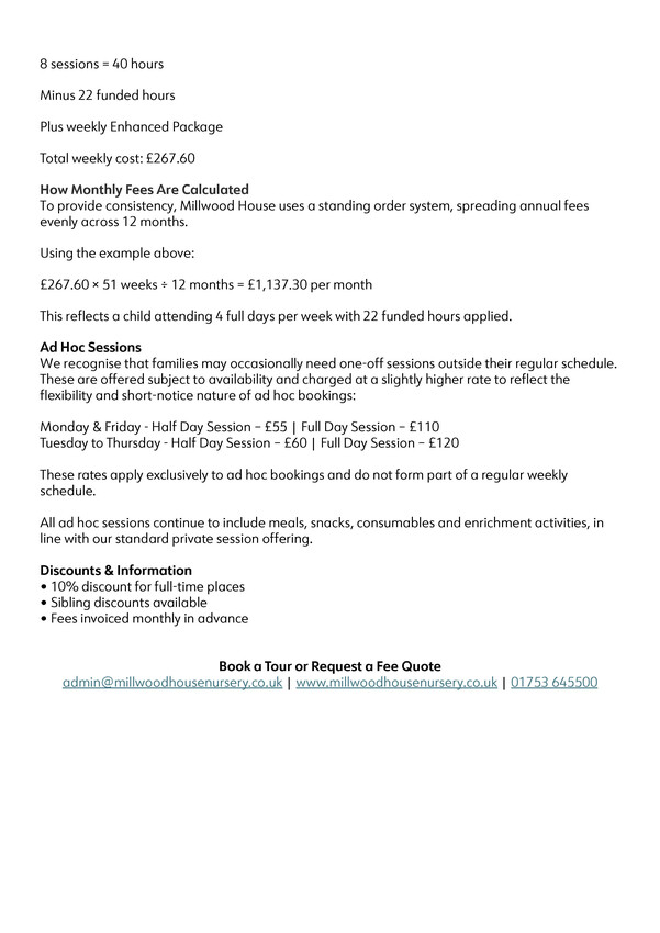 Pricing Calculator and Fee Sheet  | Millwood House Day Nursery | Private &amp;amp; Family-Owned Since 1991 | OFSTED Rated &amp;#039;Good&amp;#039; | Book a Tour