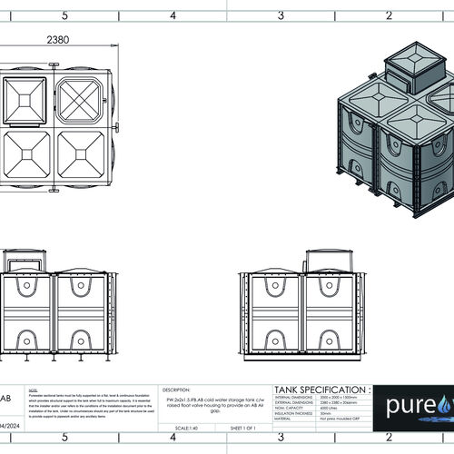 PW.2X2X1.5.IFB.AB - 6000 LITRE SECTIONAL WATER TANK, INTERNALLY FLANGED BASE (IFB) C/W FVH
