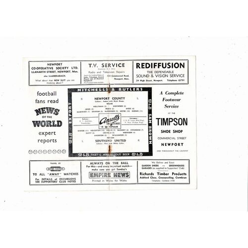 1958/59 Newport County v Southend United Football Programme