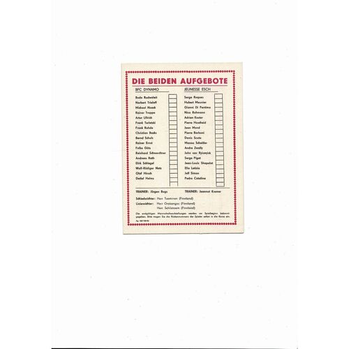 Dynamo Berlin v Jeuness Esch European Cup Football Programme 1983/84