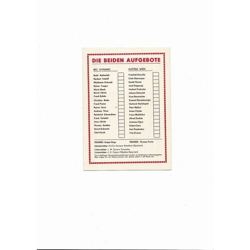 Dynamo Berlin v Austria Memphis European Cup Football Programme 1984/85