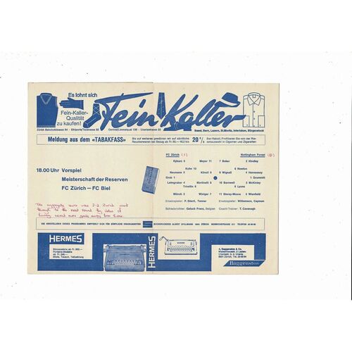 Zurich v Nottingham Forest Fairs Cup Football Programme 1967/68