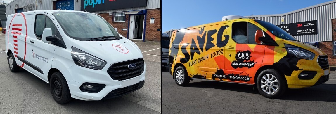Comparison of a van with basic vinyl graphics versus a full vehicle wrap