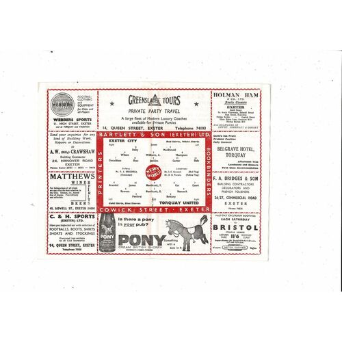 Exeter City v Torquay United Friendly Football Programme 1960/61