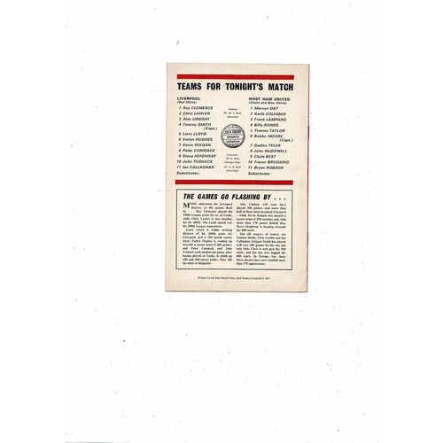 1973/74 Liverpool v West Ham United League Cup Football Programme