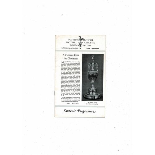 1960/61 Tottenham Hotspur v West Bromwich Albion Championship edition Football Programme