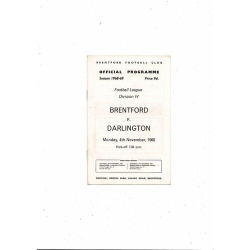 1968/69 Brentford v Darlington Football Programme