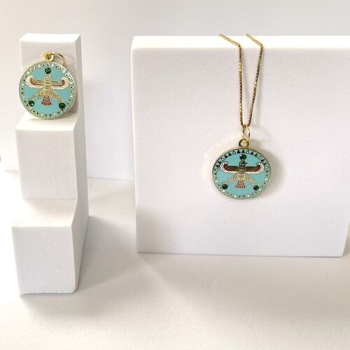 Round Pendant. The Persian Falcon.  Blue Turquoise with 3 Green Stones.