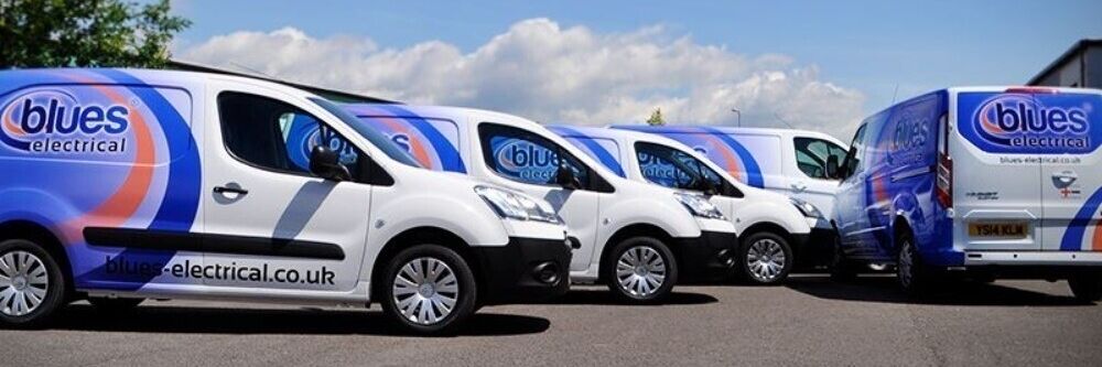 Van fleet with matching company branded livery and vinyl graphics for Blues Electrical.