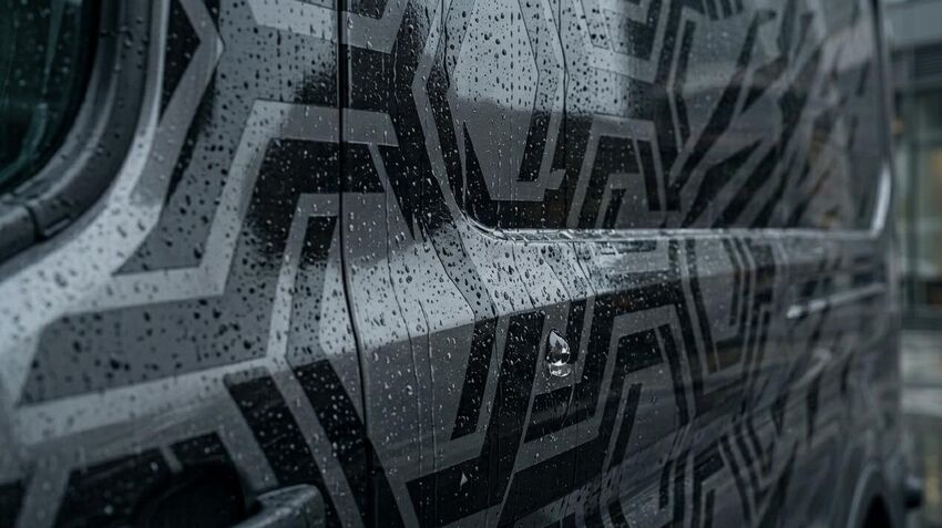 Detailed macro shot of rainwater droplets beading on a gloss black honeycomb vinyl wrap on a charcoal grey van.