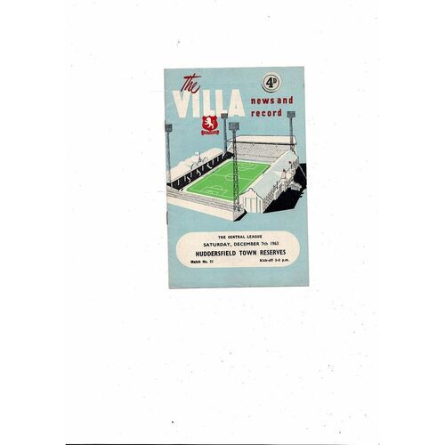 Aston Villa v Huddersfield Town Central League Football Programme 1963/64
