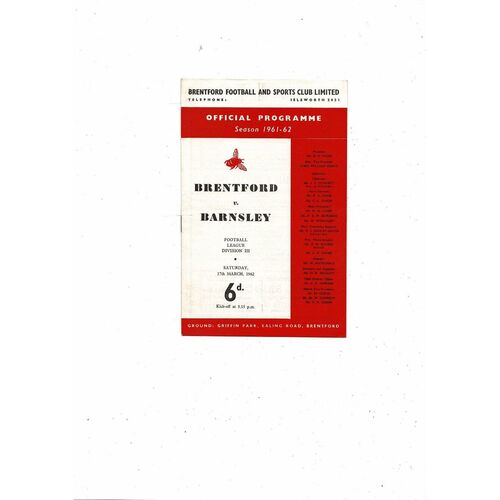 1961/62 Brentford v Barnsley Football Programme