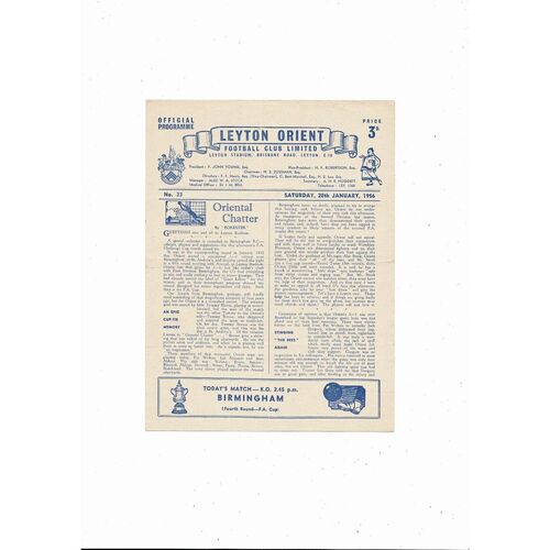 1955/56 Leyton Orient v Birmingham City FA Cup Football Programme