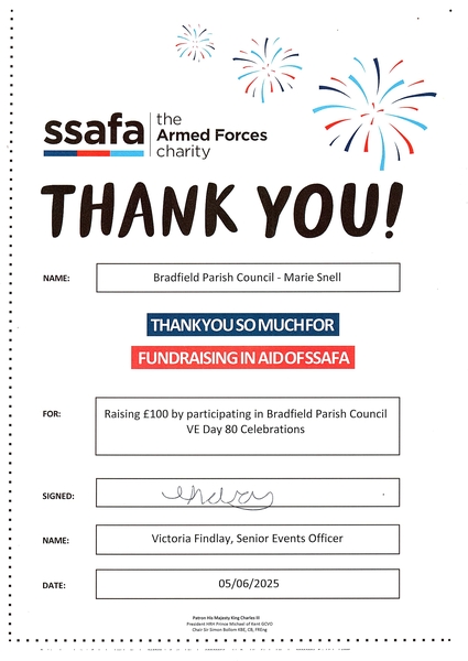 SSAFA Thank You Letter - VE DAy 80 Funds Donated