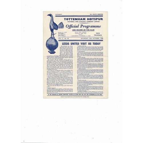 1958/59 Tottenham Hotspur v Leeds United Football Programme