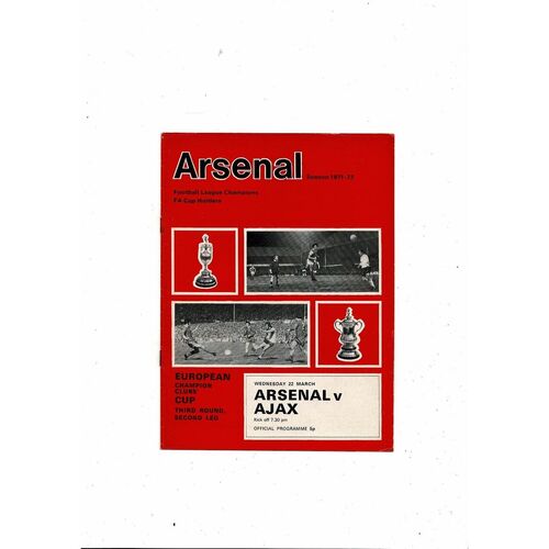 Arsenal v Ajax European Cup Football Programme 1971/72