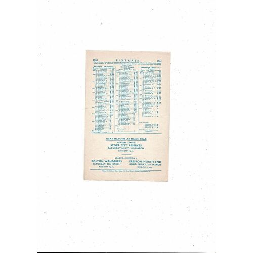 Manchester City v Manchester United Central League Football Programme 1960/61