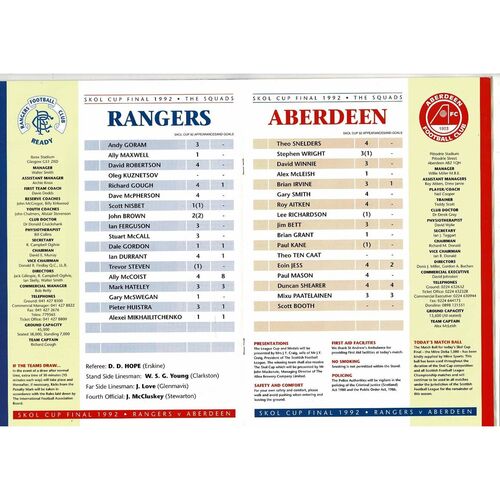 1992 Rangers v Aberdeen Scottish League Cup Final Football Programme