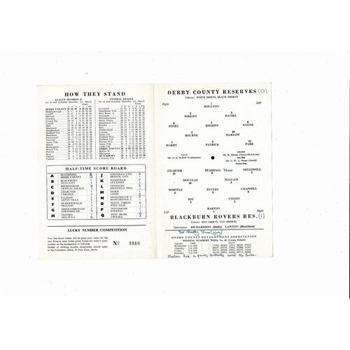 Derby County v Blackburn Rovers Central League Football Programme 1968/69