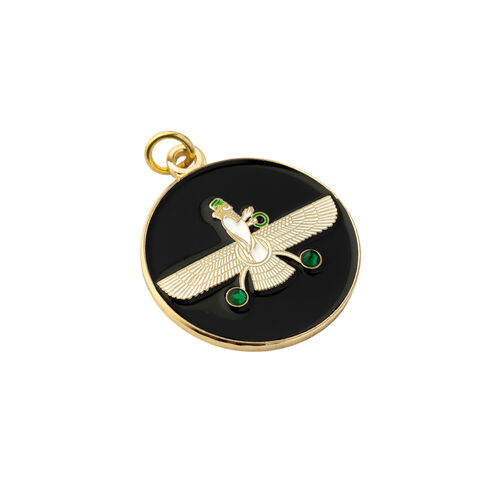 Round Pendant. Persian Farvahar with Two Green Stones.